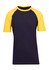 A navy and yellow raglan sleeve tee featuring short sleeves and a logo.