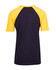 A unisex raglan sleeve tee featuring navy blue and yellow colours with a logo on the back.