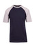 A navy and grey unisex raglan sleeve tee featuring short sleeves and a logo.