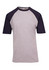 A unisex grey and navy raglan sleeve T-shirt featuring short sleeves and a branding logo.