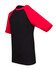 A black and red raglan sleeve tee with short sleeves and a logo on the front.
