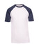 A white T-shirt with navy raglan sleeves. The shirt has a logo on it.