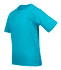 A turquoise kid's regular t-shirt with short sleeves and a round neck. It has a logo on the front.