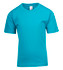 A turquoise kid's regular T-shirt with short sleeves and a crew neckline. The shirt has a label inside.
