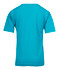 A turquoise kid's regular T-shirt featuring short sleeves and a simple design, with a logo on the back.
