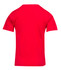 A red kid's regular T-shirt with short sleeves and a plain back. There's a logo on the back.