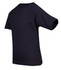 A black kid's regular T-shirt with short sleeves and a round neckline. It features a logo on the side.