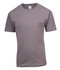 A grey kid's regular T-shirt with short sleeves and a round neckline. It features a logo on the label.