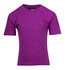 A purple kid's regular T-shirt with short sleeves and a logo on the neckline.