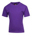 A purple kid's regular T-shirt with short sleeves and a logo on the neckline.