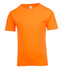 An orange kid's regular T-shirt with a simple design and crew neckline. It features a tag inside.