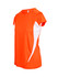An orange women's T-shirt with short sleeves and white side panels, featuring a brand logo.