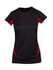 A black Women's Accelerator Cool-Dry T-shirt featuring red side panels and a logo. Short sleeves, lightweight design.