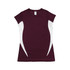A maroon women's T-shirt featuring white side panels and short sleeves. The shirt has a logo on the label.