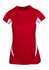 A red women's T-shirt with short sleeves and white side panels, featuring a logo.