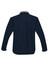 A navy jacket with a contrasting grey collar, featuring long sleeves and a sleek design. It has a logo on the back.