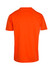 An orange men's t-shirt with a smooth fabric and short sleeves, featuring a branding logo.