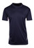 A navy blue men's t-shirt with short sleeves and contrasting white side panels, featuring a logo.