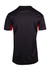 A black and red men's T-shirt with a smooth finish and a logo on the back.