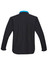 A black soft shell jacket with a blue collar, featuring long sleeves and a logo.