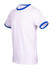 A white ringer T-shirt featuring blue contrast collar and sleeve hems. It has a logo on the front.