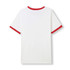 A unisex ringer T-shirt with a white body and red collar and sleeve trims, featuring a visible logo.