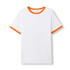 A white unisex ringer T-shirt with orange ribbed collar and sleeve accents. It features a logo on the neckline.