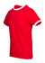 A red unisex ringer T-shirt with white collar and sleeve hems, featuring a logo on the front.