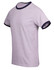 A grey ringer T-shirt with navy blue trim on the neck and sleeves, featuring a logo on the chest.