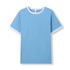 A light blue unisex ringer T-shirt with white collar and sleeve trim, featuring a logo.