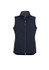 A navy women's vest with a zip front, featuring a high collar and side pockets. It has a logo on it.