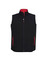 A black vest with a red inner collar and zippered pockets, featuring a zipper front and no sleeves.