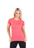 A women's short-sleeve T-shirt in vibrant coral, featuring a fitted design and a logo.