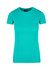 A turquoise women's t-shirt with short sleeves and a round neckline, featuring a logo on the label.