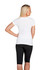 A white women's slim fit tee is displayed, shown from the back, paired with black leggings. The image features a logo.
