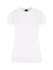 A white women's slim fit tee with short sleeves, featuring a logo on the label.