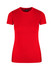 A red women's slim fit tee with short sleeves and a crew neck, featuring a logo on the label.