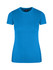 A bright blue women's slim fit tee with a round neckline and short sleeves, featuring a logo.