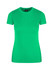 A vibrant green women's slim fit tee with a round neck and short sleeves, featuring a logo on the neckline.