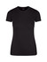 A black women's slim fit tee with short sleeves and a round neck, featuring a logo.