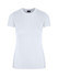 A white women's slim fit t-shirt with short sleeves and a logo on the label.