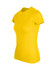 A yellow women's slim fit tee with short sleeves and a simple design. It features a logo on the garment.