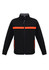 A black soft shell jacket with orange stripes, featuring a full zipper and side pockets. Brand logo present.