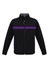 A black soft shell jacket with purple accents and zippered pockets, featuring a logo on the chest.