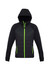 A black puffer jacket with a hood and fluorescent green zippers. It features a logo on the front.