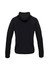 A black women's stealth puffer jacket with a hood, featuring a branded logo.