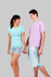 A mint green unisex T-shirt and a lavender unisex T-shirt worn by two models holding hands, with a logo on the shirts.