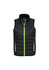 A black vest with a zip front and bright green accents, featuring two side pockets and a collar.
