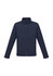 Navy men's soft shell jacket with a zip front and two side pockets, featuring a logo.