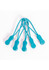 Five turquoise Zippies with flexible cords, designed as clothing accessories for securing or fastening items.
